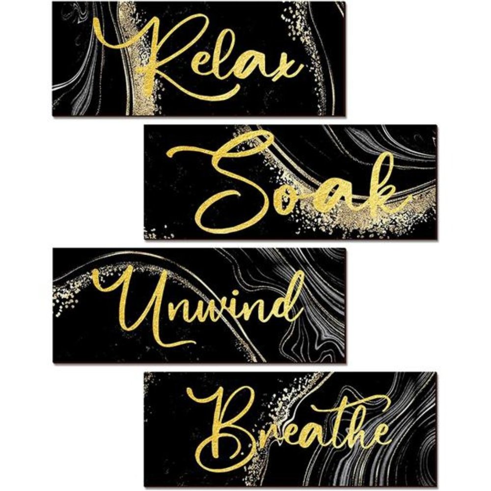 4 Pieces Bathroom Relax Soak Unwind Breathe Wall Art Wooden Hanging Signs Rustic